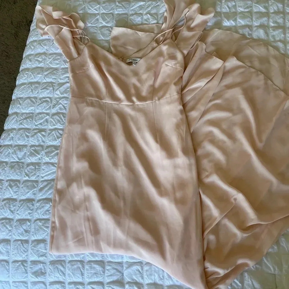 Likely pastel pink chiffon mermaid off shoulder maxi dress